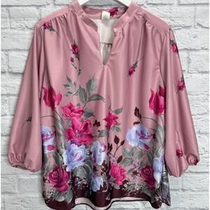 Vintage Sears Tunic Blouse Size 2XL Blush Pink Floral 3/4 Sleeve 70s Y-Neck